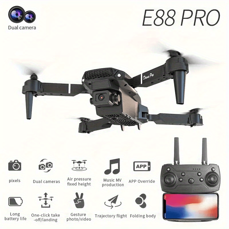 [E88 Drone] E88 Drone with HD Dual Cameras, Single Battery, One-Key Return, WiFi Connectivity, Aerial Photography Drone, Quadcopter Remote Control Drone, Christmas Halloween Thanksgiving Gift